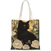 Black Cat Tote Bag,Cute Cat Canvas Tote Bag,Cute Tote Bag,Grocery Bags,Beach Bag,Shopping Bags